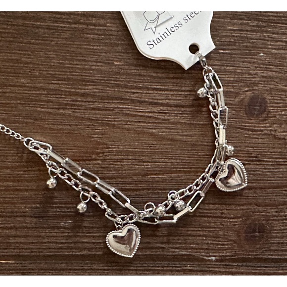 Heart charm bracelet Silver stainless steel new dainty dangle two chains - Picture 1 of 10